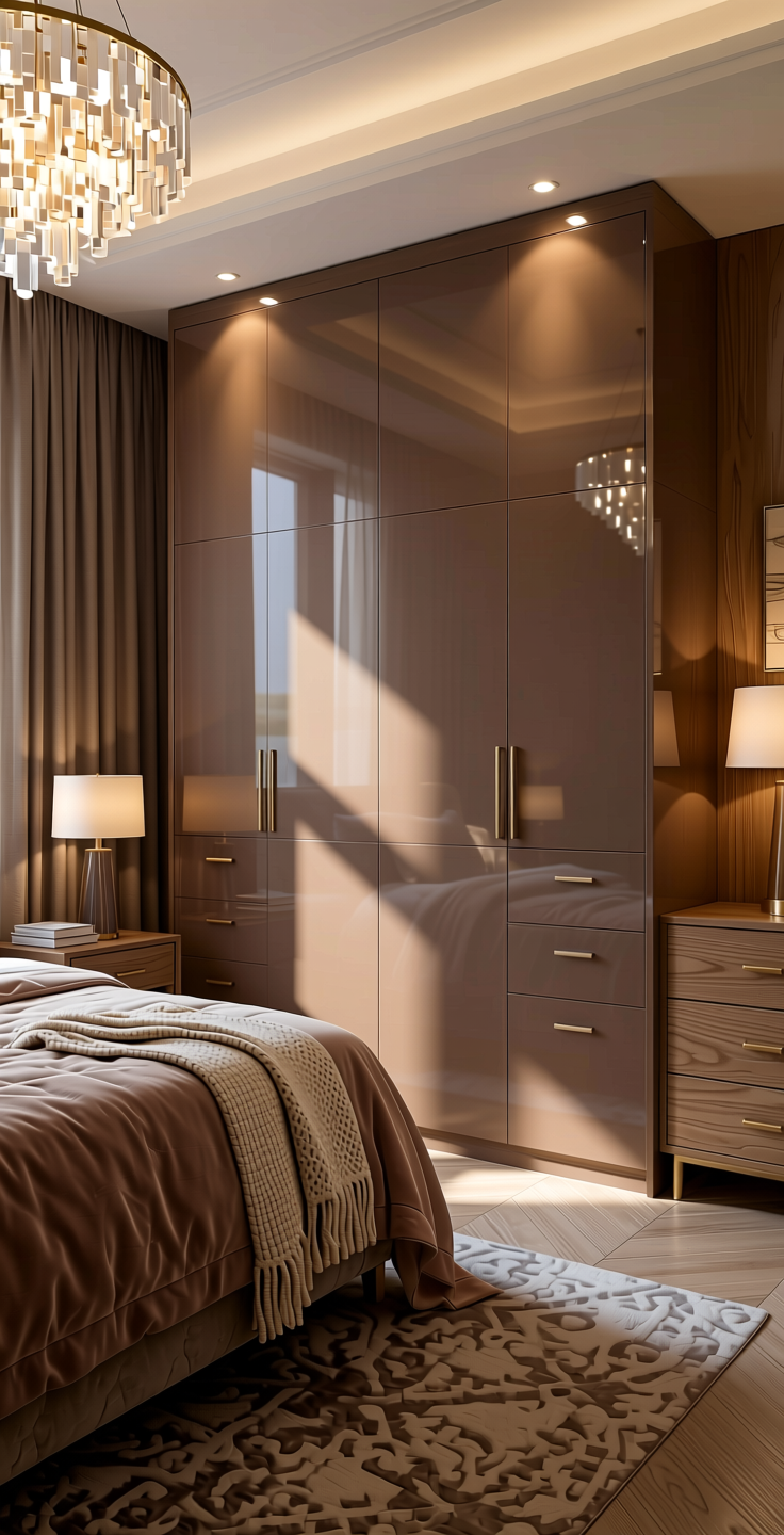 One and Only Plain Laminate 8x4 ft High Gloss 1 mm - LM 14298 — application view in a glamorous bedroom