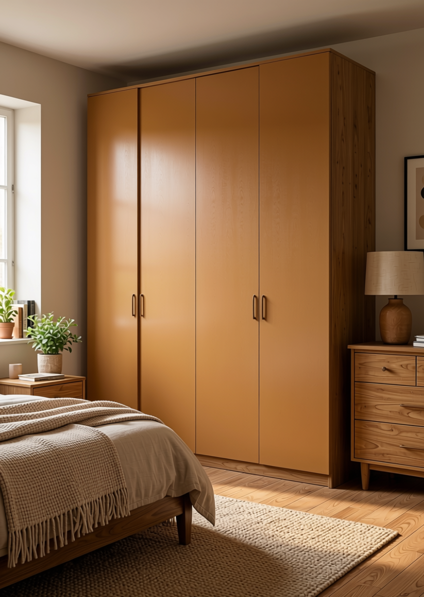 Soft Caramelle Texture Laminate 4.25x10 ft - STY-SOL-1723 — application view in a cozy bedroom