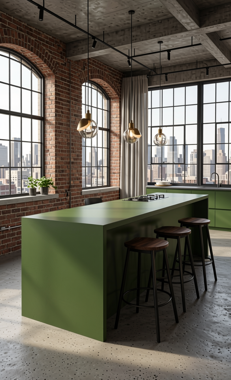 Soldier Green Texture Laminate 4.25x10 ft - STY-SOL-1037 — application view in a urban loft