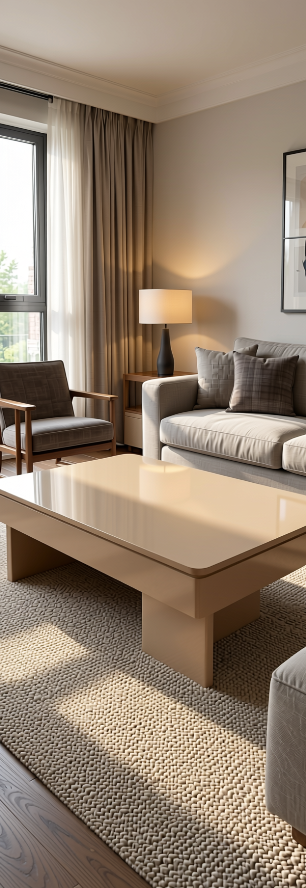 Almond Plain Laminate 8x4 ft Glossy 0.8 mm - 746 SG — application view in a living room