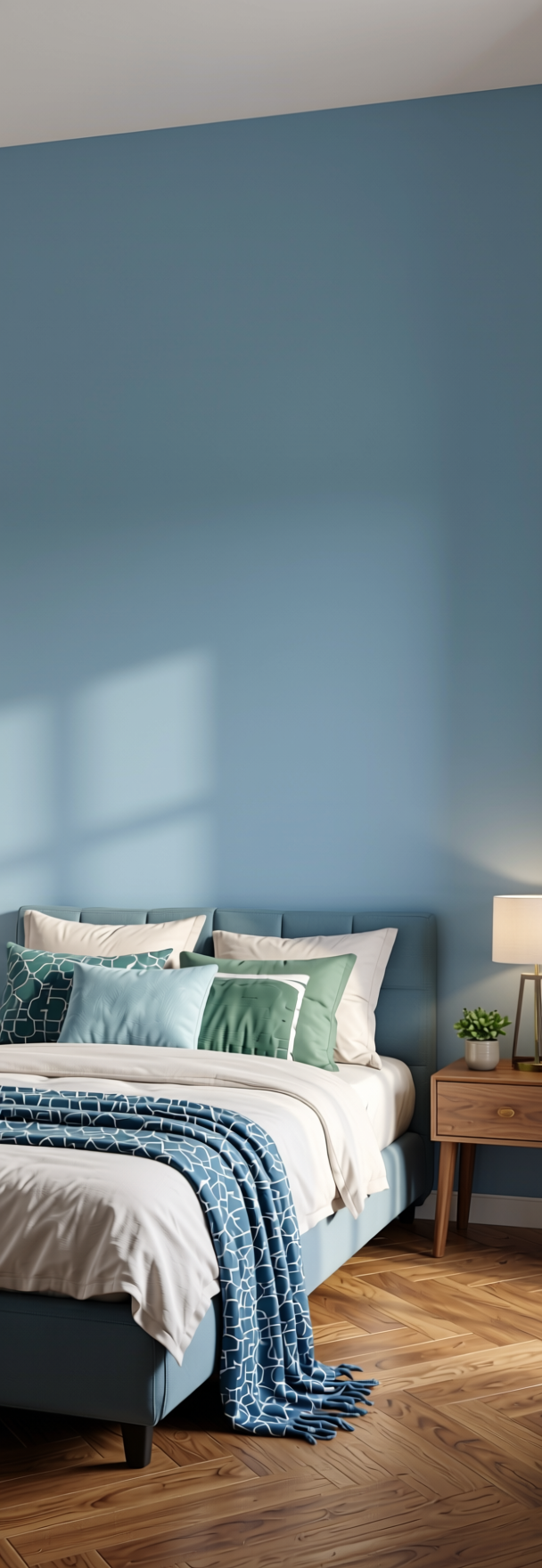Blue Dawn Plain Laminate 8x4 ft Matte 0.8 mm - 739 DM — application view in a bedroom