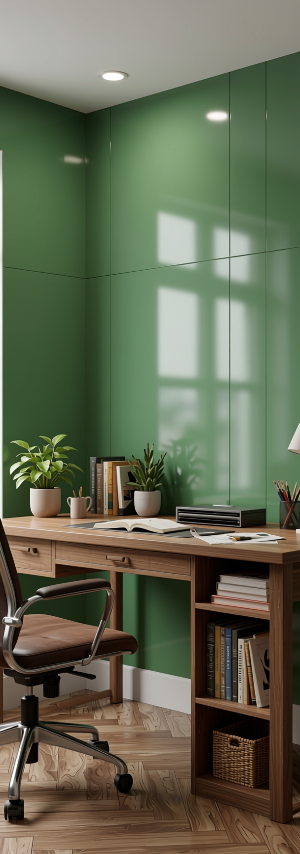 Hidden Hill Green Plain Laminate 8x4 ft Glossy 0.8 mm - 733 SG — application view in a study room