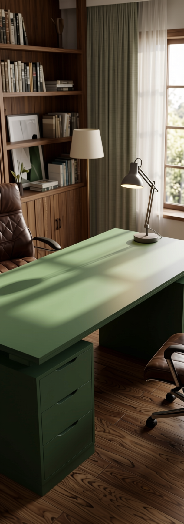 Hidden Hill Green Plain Laminate 8x4 ft Matte 0.8 mm - 733 DM — application view in a study room