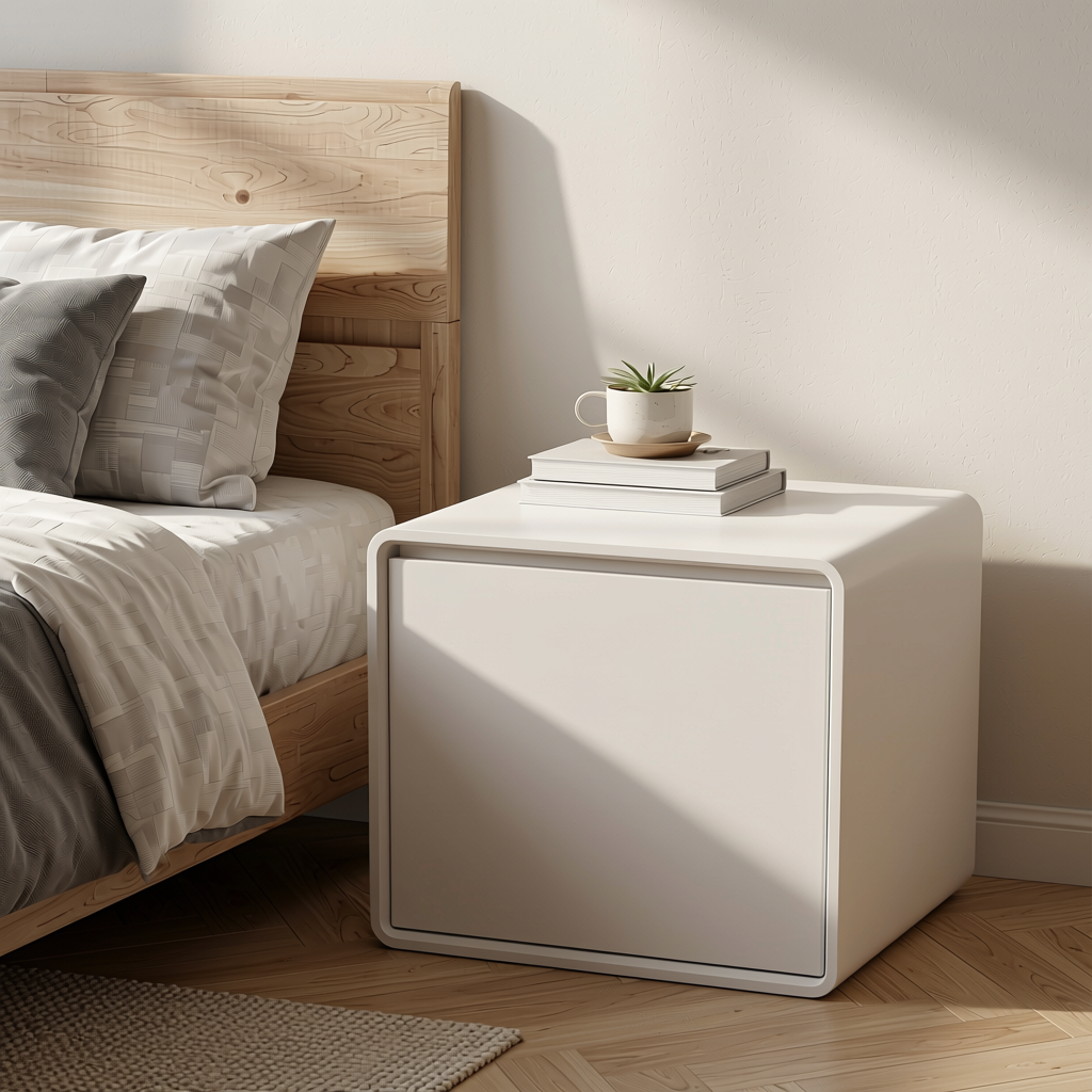Pearl White Plain Laminate 8x4 ft Texture 0.8 mm - 703 FF — application view in a minimalist bedroom