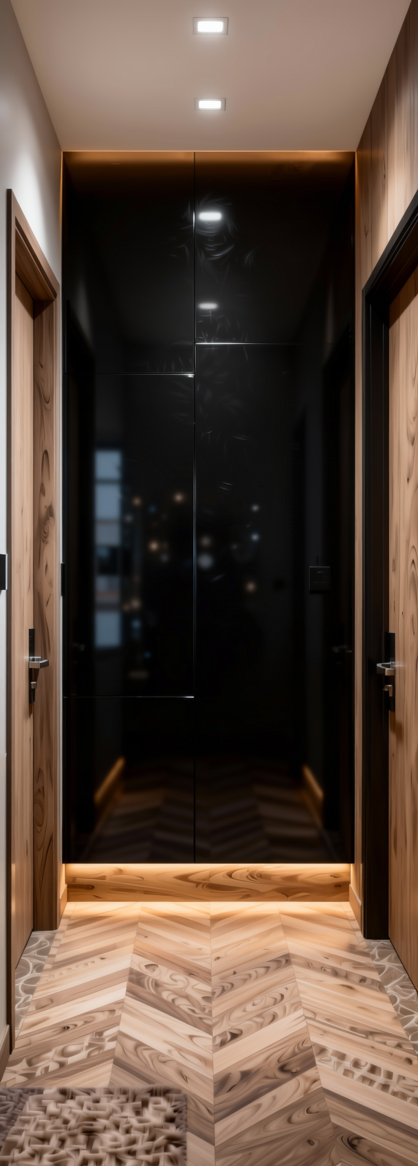 Zed Black Plain Laminate 8x4 ft Glossy 0.8 mm - 727 SG — application view in a entrance foyer
