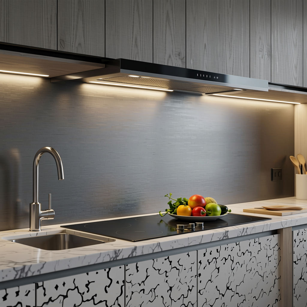 Steel Foil Metallic Laminate 8*4 ft Matte 1.0 mm - HER-9509 — application view in a modern kitchen