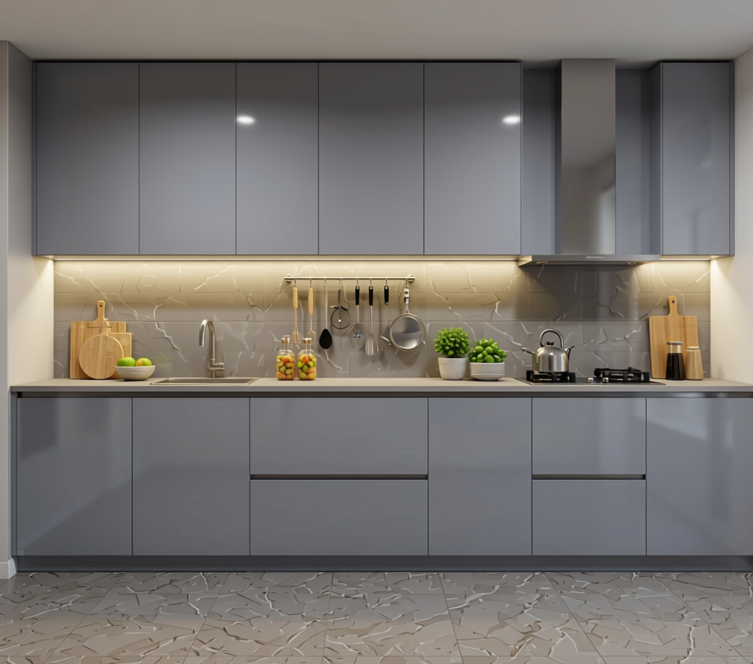 Alumina Grey Plain Laminate 8x4 ft Glossy 0.8 mm - 120 GL — application view in a contemporary kitchen