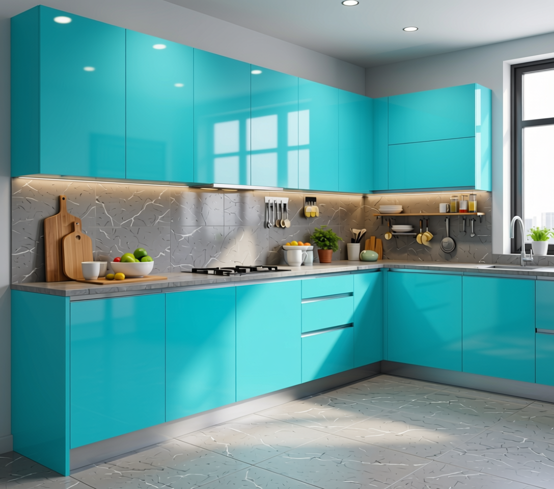 Azure White Plain Laminate 8x4 ft Glossy 0.8 mm - 101 GL — application view in a modern kitchen