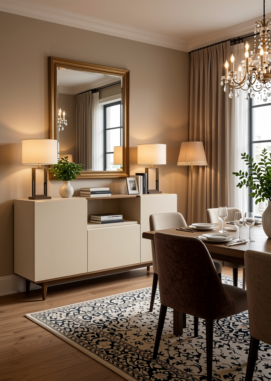 Stylam Beige Texture Laminate 4.25x10 ft - STY-SOL-1050 — application view in a elegant dining room
