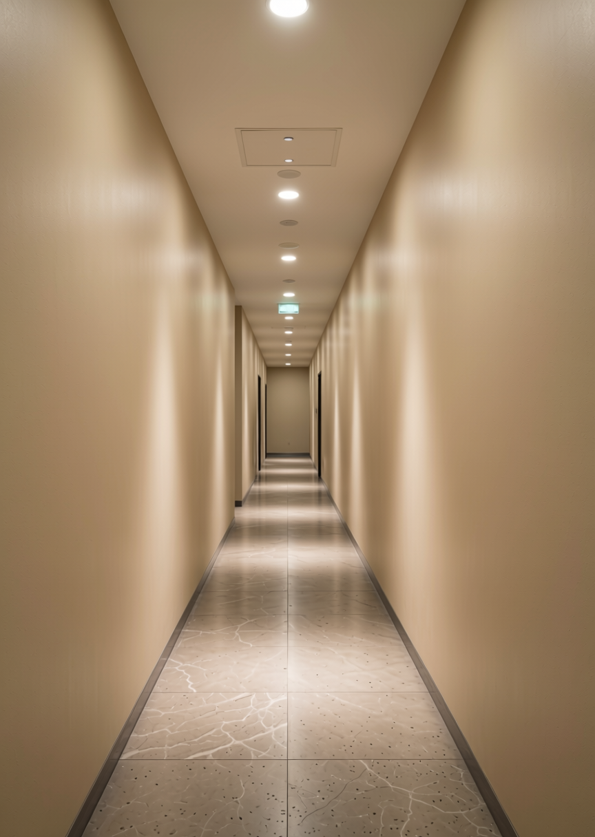 Stylam Beige Texture Laminate 4.25x9 ft - STY-SOL-1053 — application view in a corridor