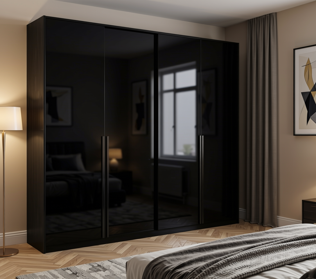 Black Magic Plain Laminate 8x4 ft Glossy 0.8 mm - 142 GL — application view in a sleek bedroom
