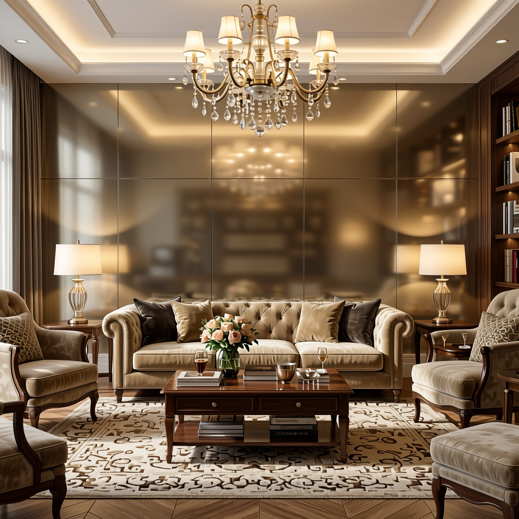 Metallic Gpro+ Plain Laminate 8x4 ft High Gloss 1.2 mm - 1591 Bronce — application view in a glamorous living room