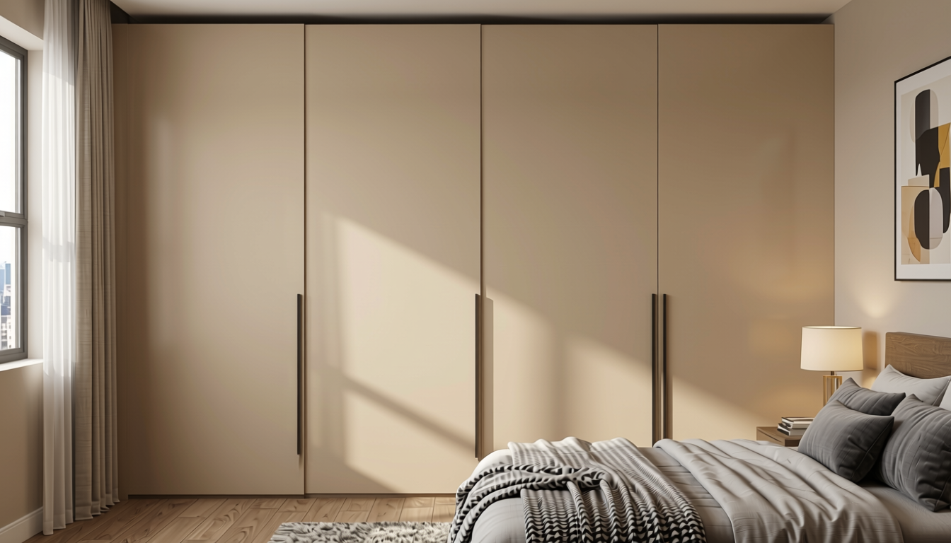 Beige Plain Laminate 8x4 ft Texture 1 mm - 1723 Castoro — application view in a contemporary bedroom