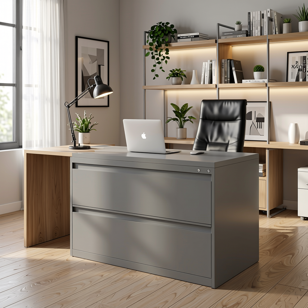 Chalk Grey Plain Laminate 8x4 ft Matte 1 mm - 8121 SM — application view in a modern home office