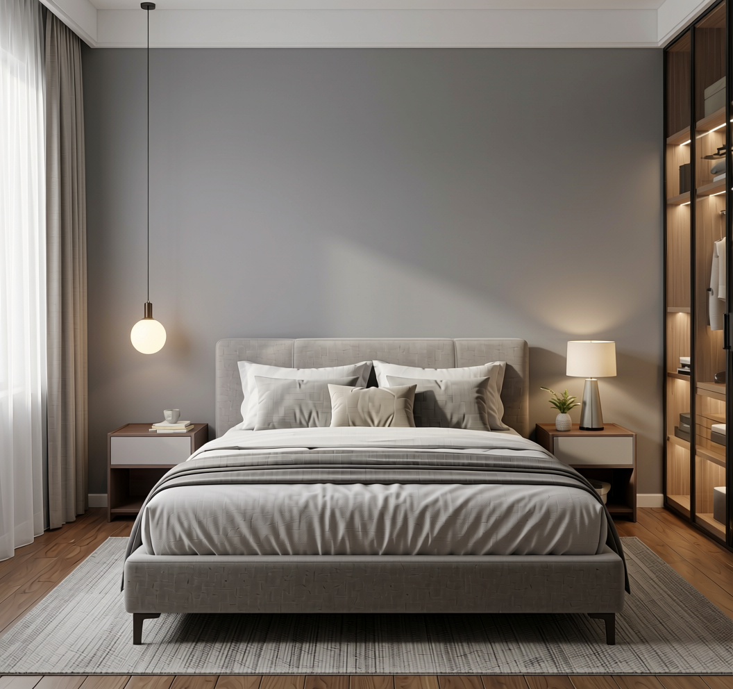 Cloud Grey Plain Laminate 8x4 ft Matte 0.8 mm - 567 MT — application view in a bedroom