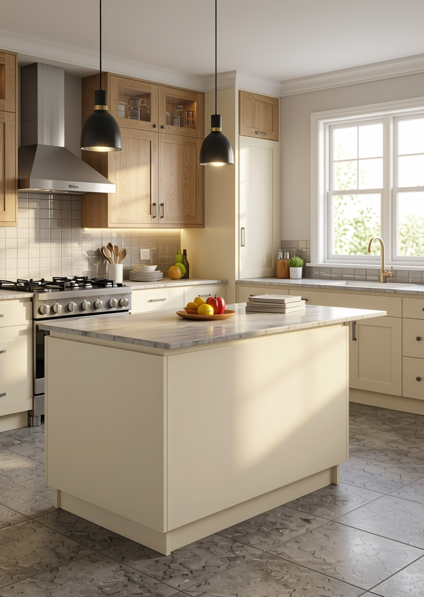 Stylam Cream Texture Laminate 4.25x10 ft - STY-SOL-1158 — application view in a kitchen