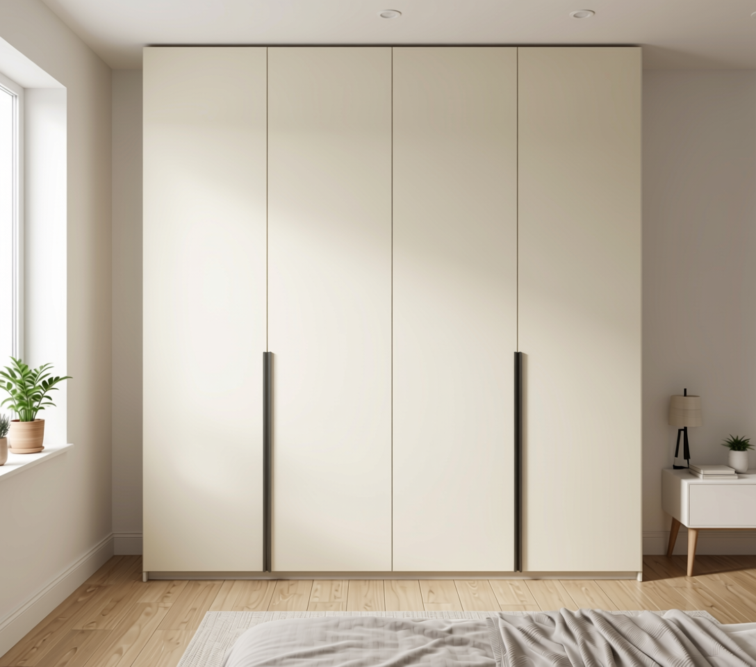 Creamy White Plain Laminate 8x4 ft Glossy 0.8 mm - 1005 GL — application view in a minimalist bedroom
