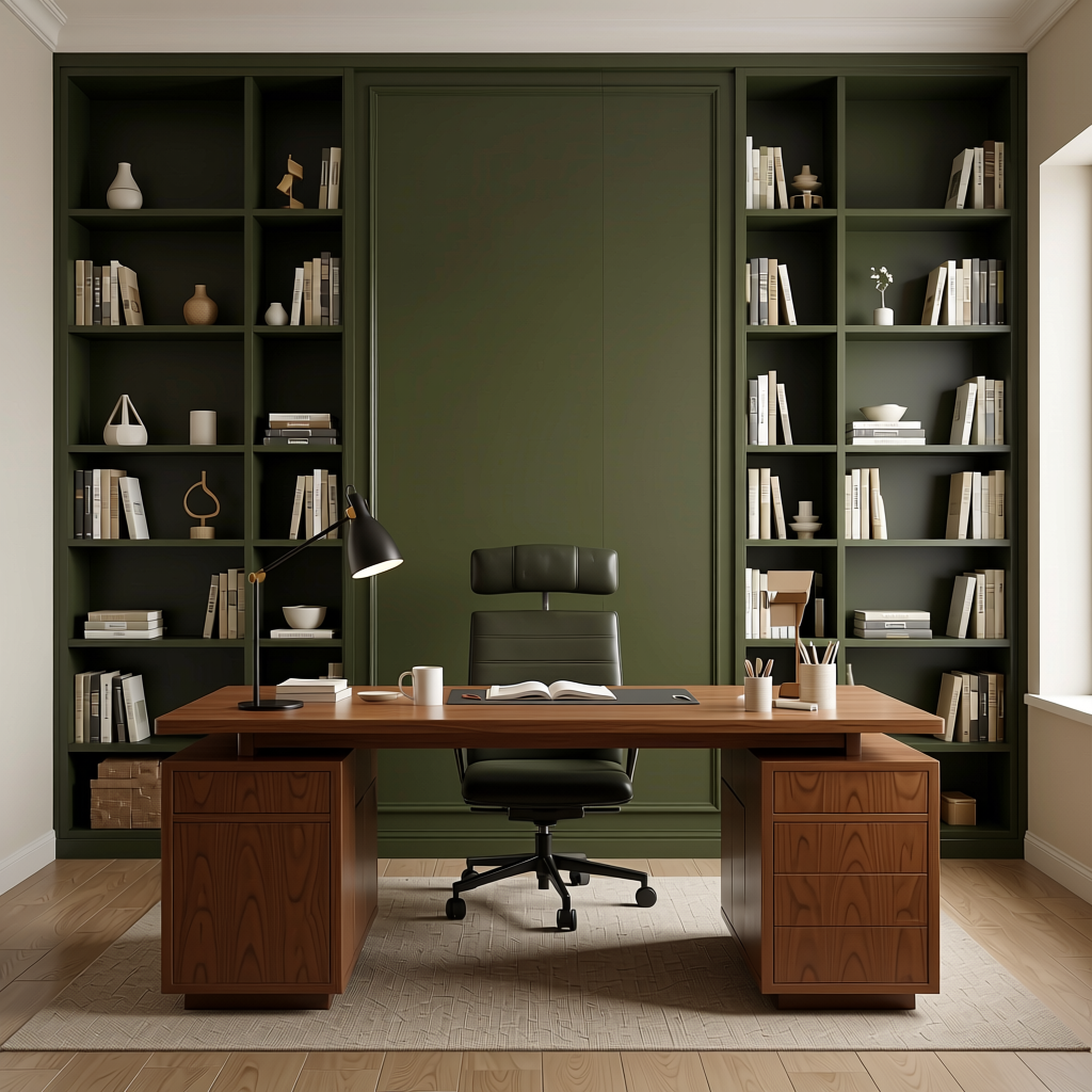 Dark Olive Plain Laminate 8x4 ft Matte 1 mm - 1716 SM — application view in a study room