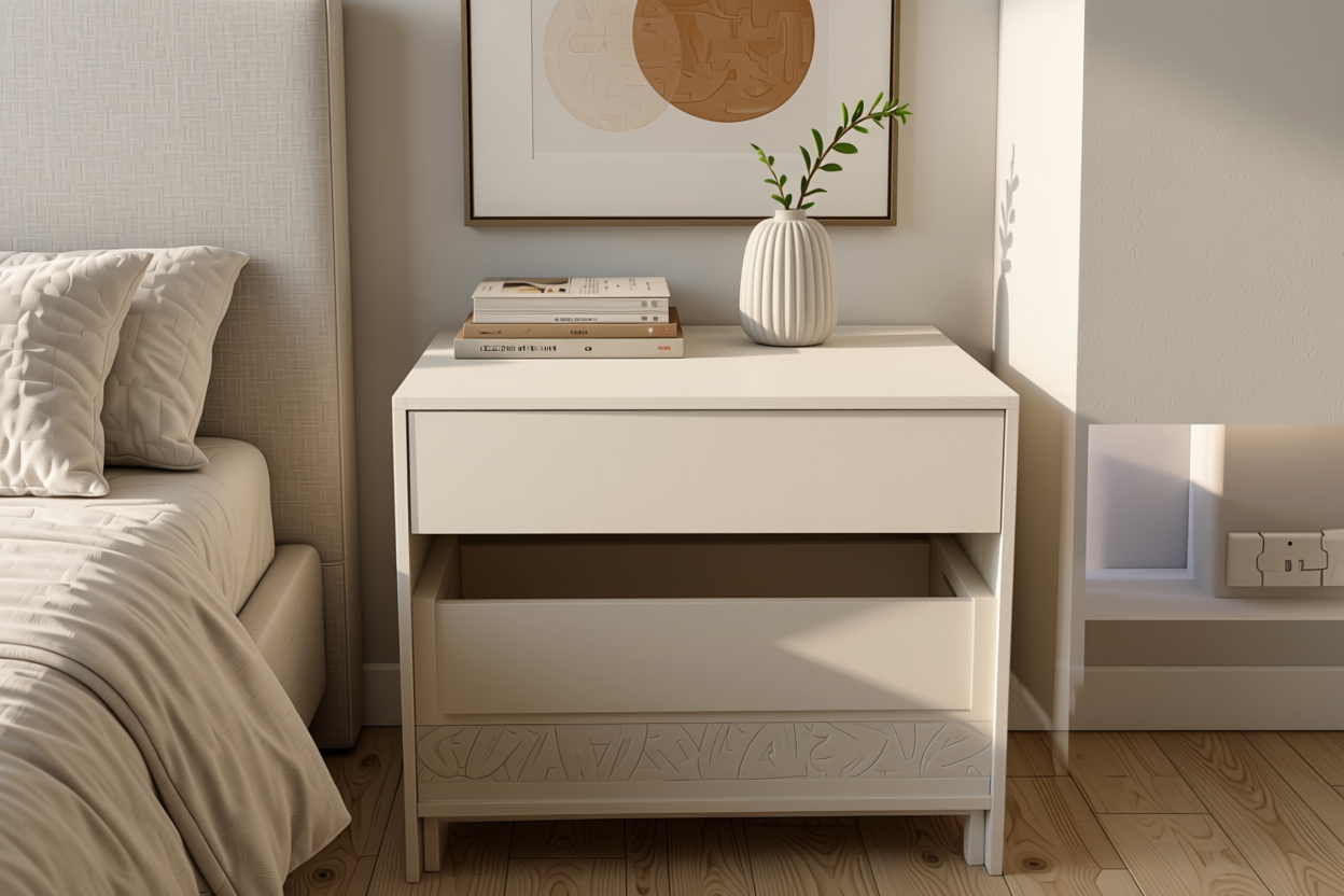 Egg White Plain Laminate 8x4 ft Suede 1 mm - 1003 SD — application view in a minimalist bedroom
