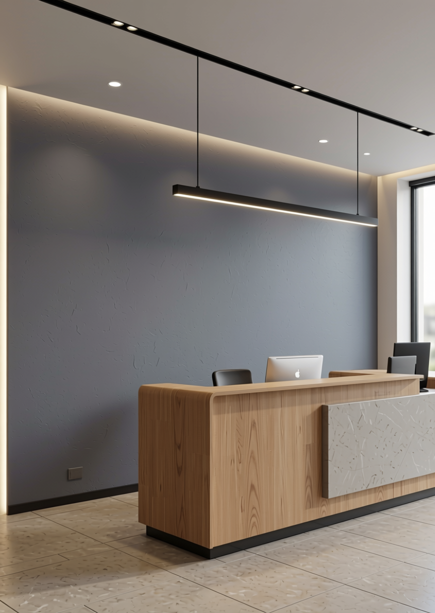 Stylam Grey Texture Laminate 4.25x10 ft - STY-SOL-1717 — application view in a office reception
