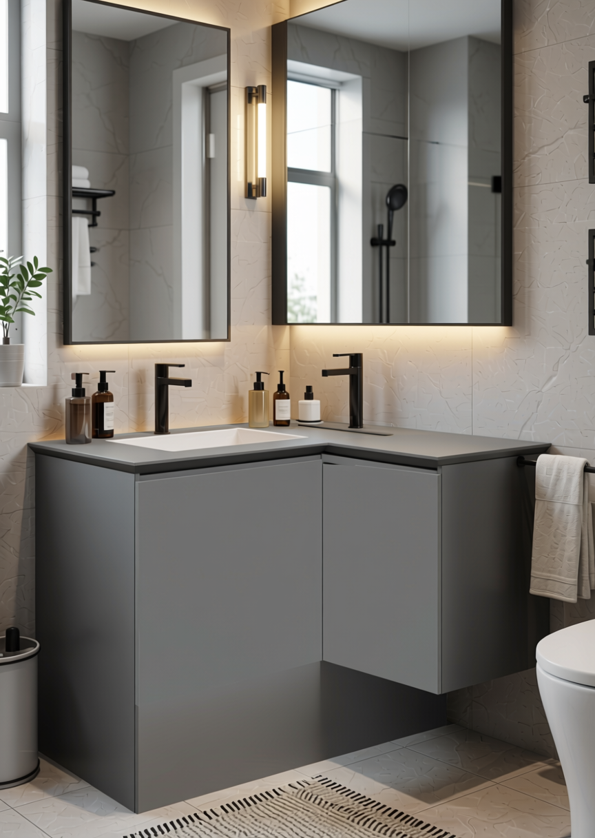 Stylam Grey Texture Laminate 4x8 ft - STY-SOL-8104 — application view in a modern bathroom