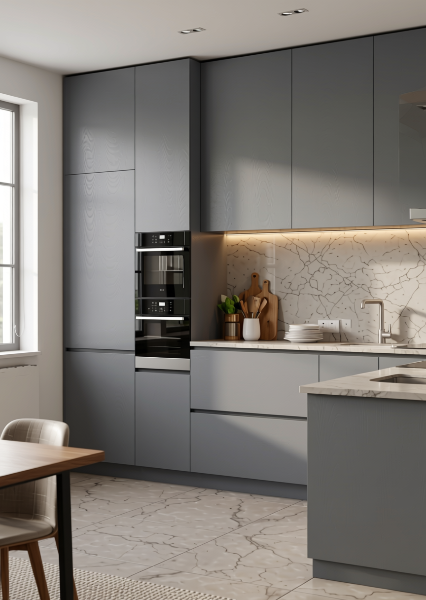 Stylam Grey Texture Laminate 4x8 ft - STY-SOL-8107 — application view in a modern kitchen