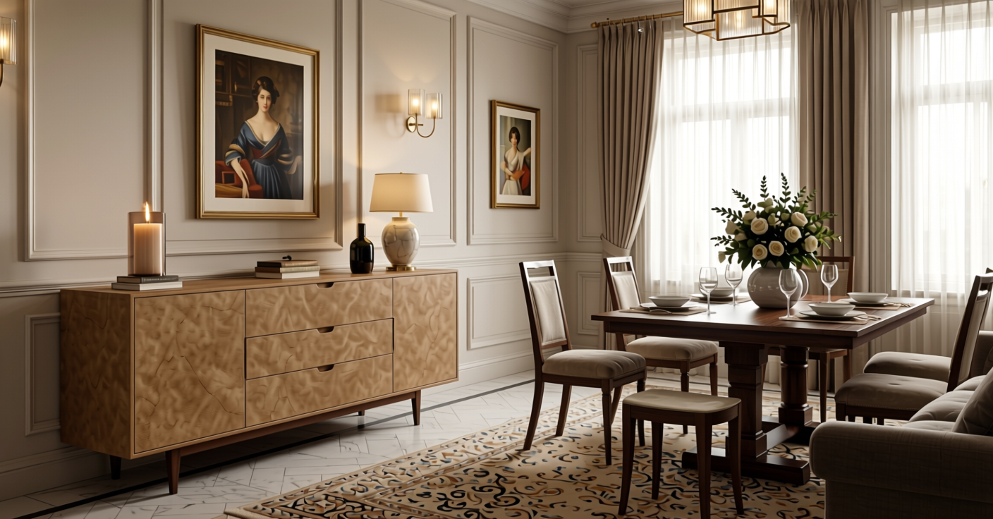 Hina Plain Laminate 8x4 ft Suede 1 mm - 8306 SD — application view in a elegant dining room
