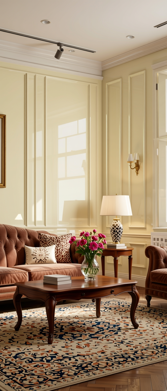 Ivory Plain Laminate 8x4 ft High Gloss 1 mm - 107 HG — application view in a classic living room