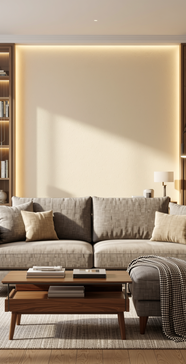 Stylam Ivory Cream Texture Laminate 4x8 ft - STY-SOL-410 — application view in a living room