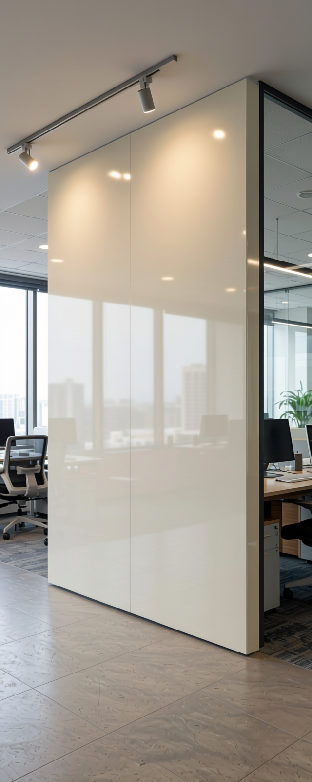 Ivory Grey Plain Laminate 8x4 ft High Gloss 1 mm - 538 HG — application view in a contemporary office
