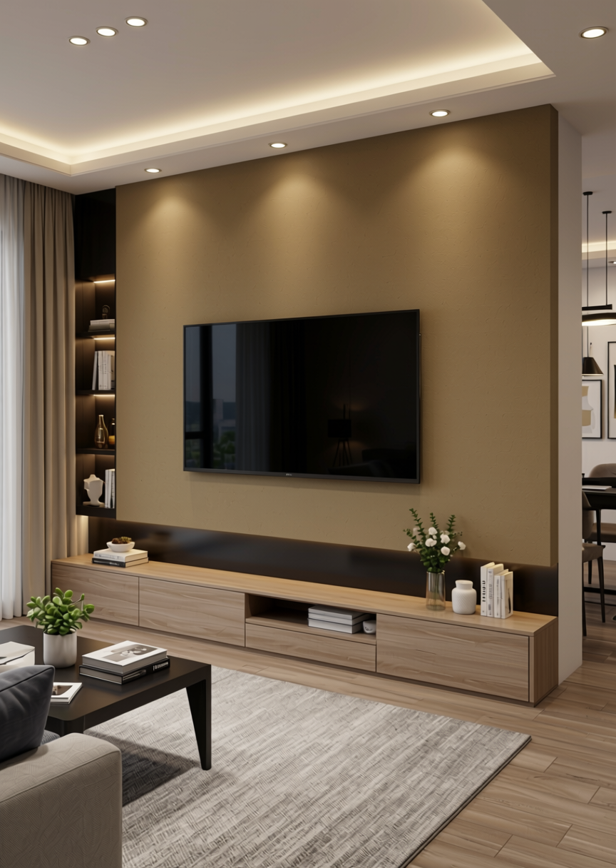 Stylam Khaki Brown Texture Laminate 4x8 ft - STY-SOL-1024 — application view in a modern living room