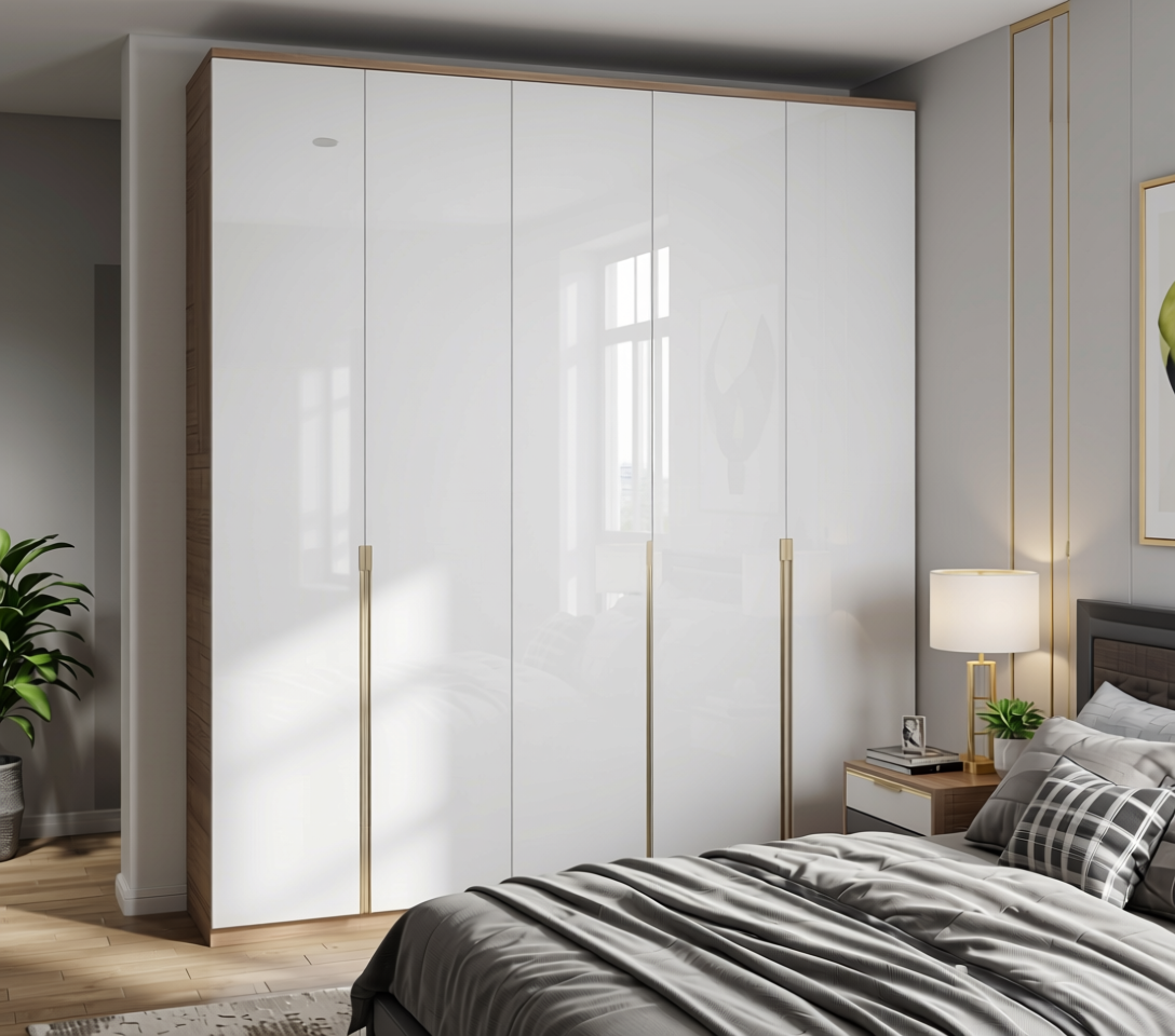 Kings White Plain Laminate 8x4 ft Glossy 0.8 mm - 104 GL — application view in a sleek bedroom