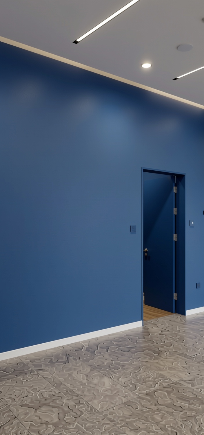 Magnetic Blue Plain Laminate 8x4 ft Satin 1 mm - 3011 FS — application view in a entrance hall