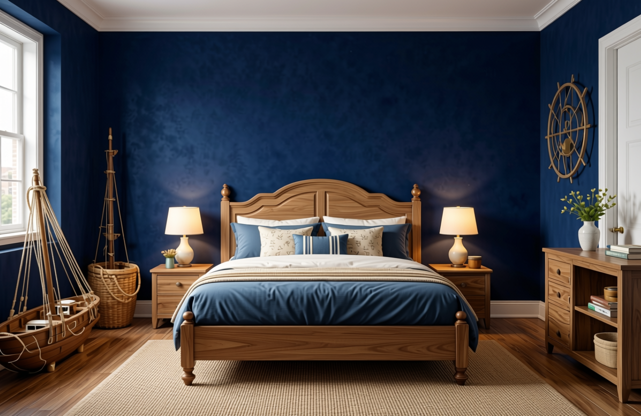 Navy Blue Plain Laminate 8x4 ft Suede 0.8 mm - 1056 SD — application view in a nautical themed room