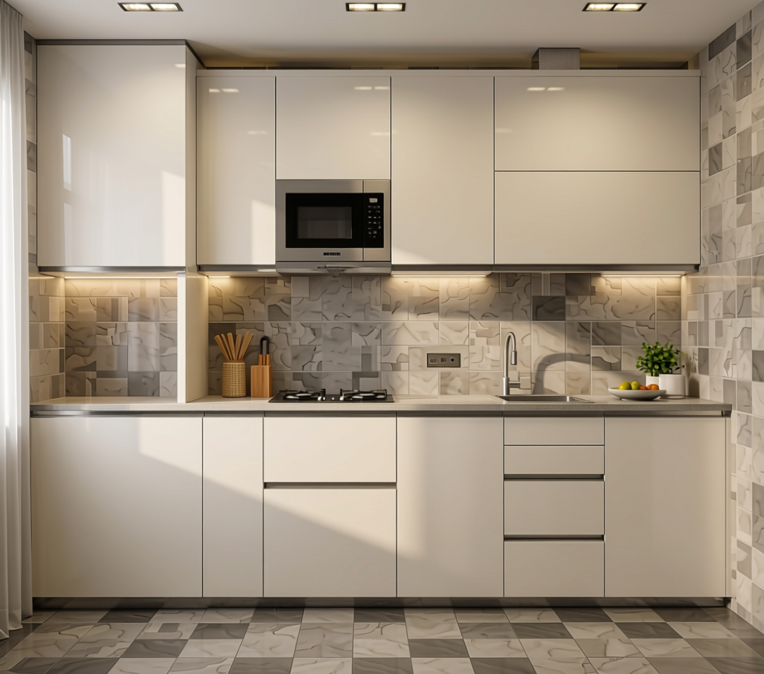 Off White Plain Laminate 8x4 ft Glossy 0.8 mm - 1020 GL — application view in a modern kitchen