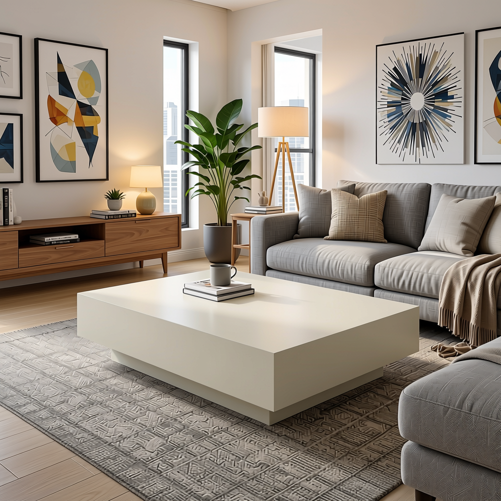 Off White Plain Laminate 8x4 ft Matte 1 mm - 1020 SM — application view in a spacious living room