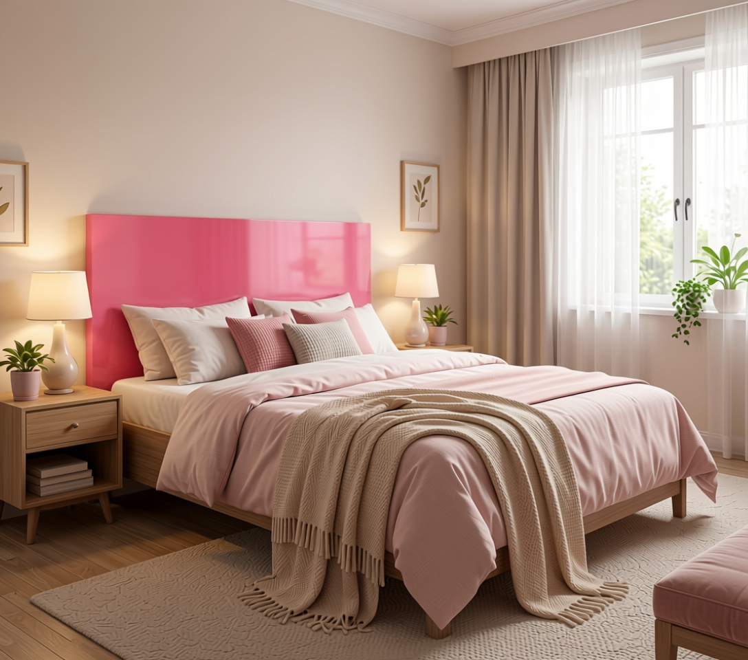 Pink Blossom Plain Laminate 8x4 ft Glossy 0.8 mm - 570 GL — application view in a girl's bedroom