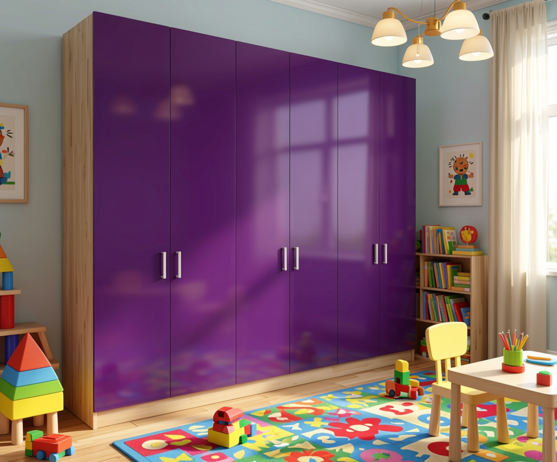Purple Dye Plain Laminate 8x4 ft High Gloss 1 mm - 1159 HG — application view in a kids' playroom
