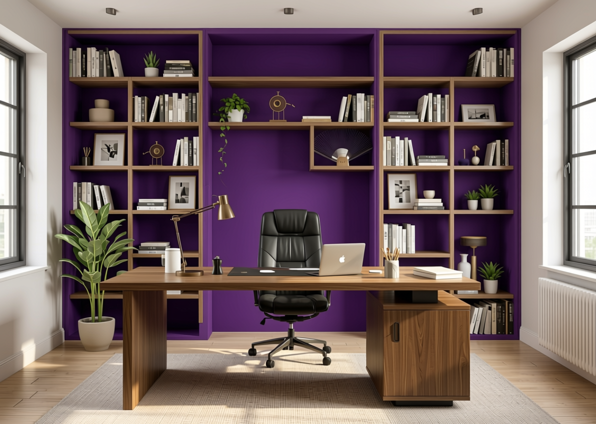 Purple Dye Plain Laminate 8x4 ft Suede 0.8 mm - 1159 SD — application view in a creative home office