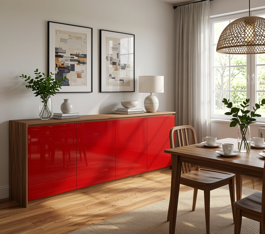 Robinhood Red Plain Laminate 8x4 ft Glossy 0.8 mm - 572 GL — application view in a dining room