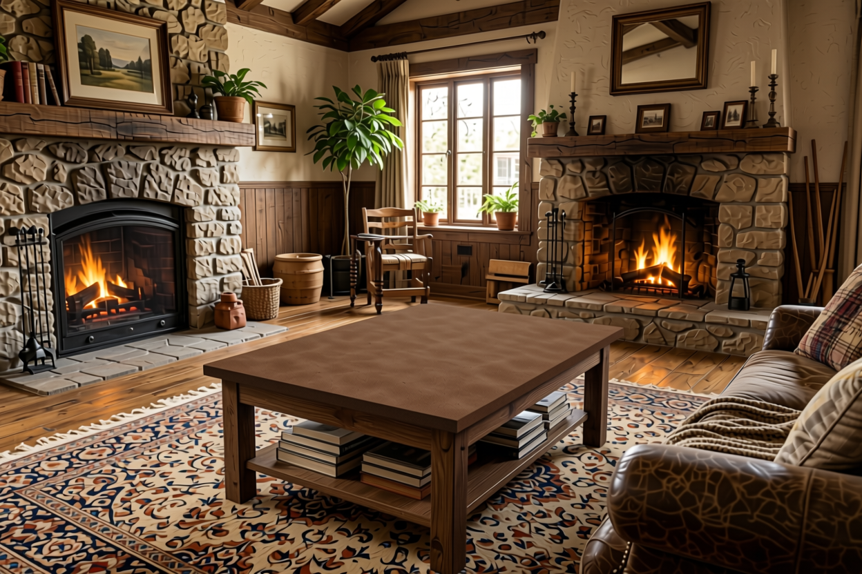 Rock Brown Plain Laminate 8x4 ft Suede 1 mm - 1046 SD — application view in a rustic living room