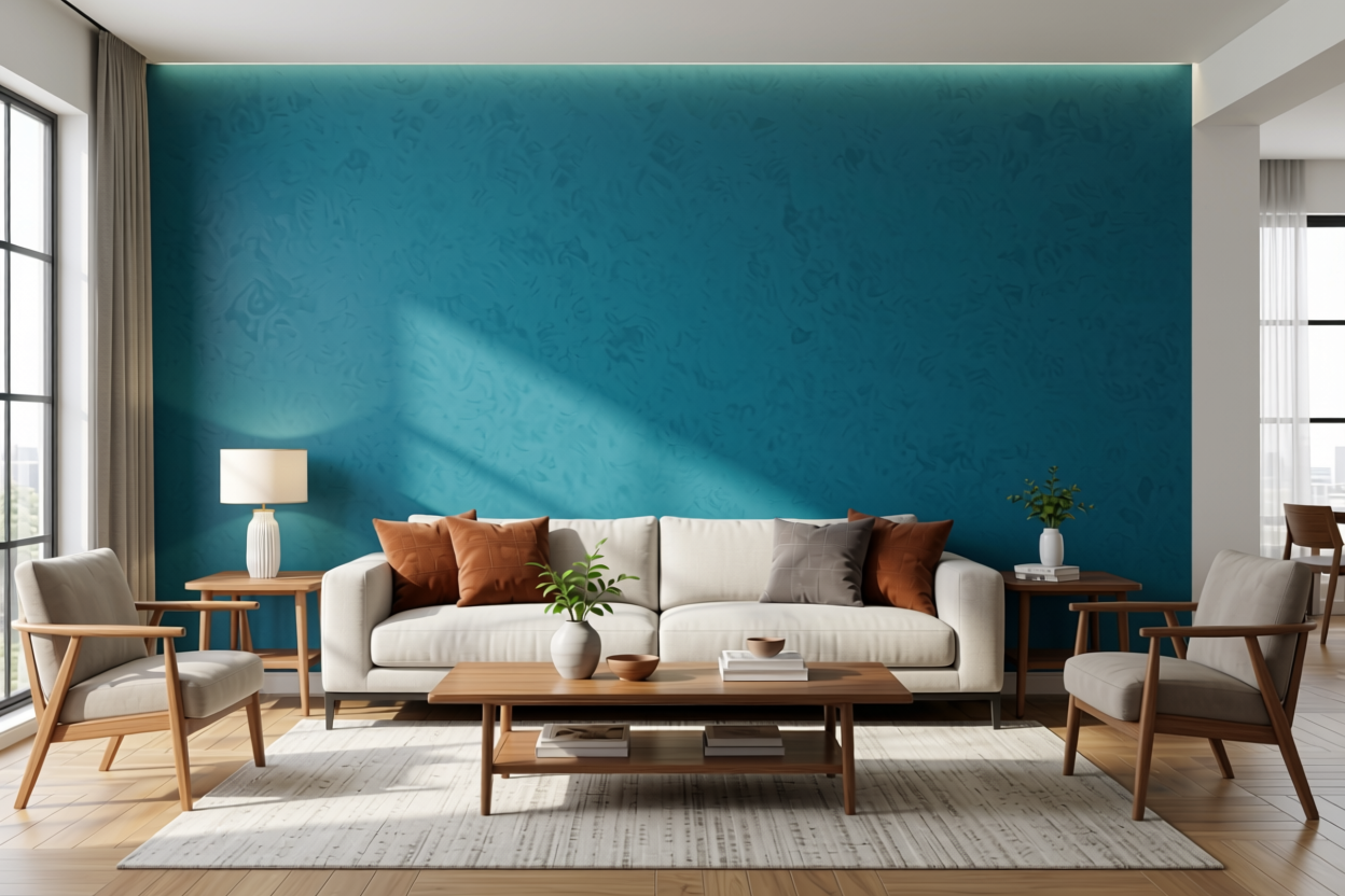 Sea Colour Plain Laminate 8x4 ft Suede 0.8 mm - 562 SD — application view in a modern living room