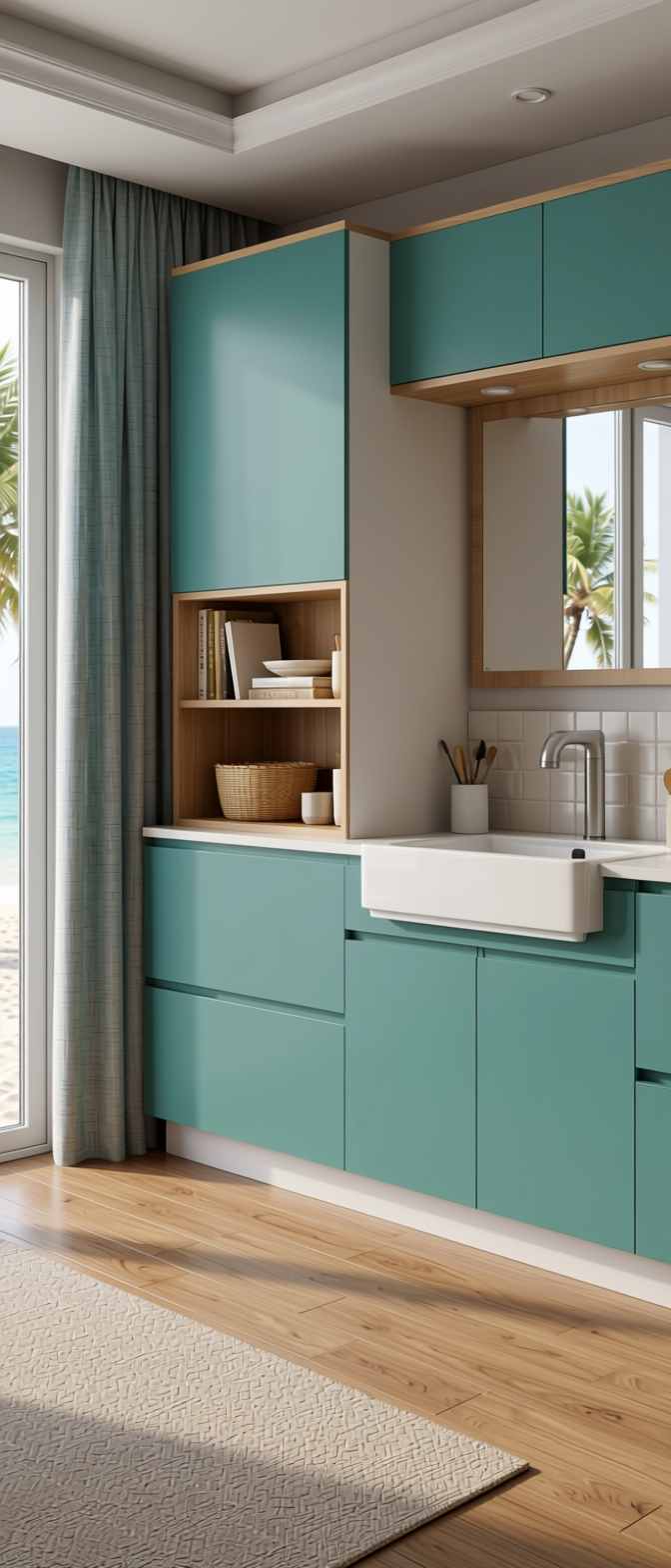 Sea Mist Plain Laminate 8x4 ft Satin 1 mm - 3006 FS — application view in a beach house living