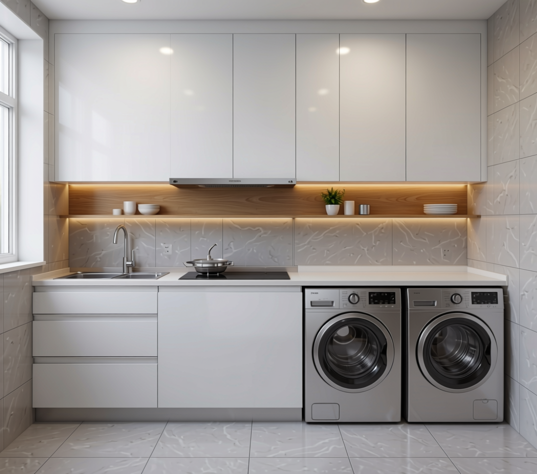 Snow White Plain Laminate 8x4 ft Glossy 0.8 mm - S 103 — application view in a clean laundry room