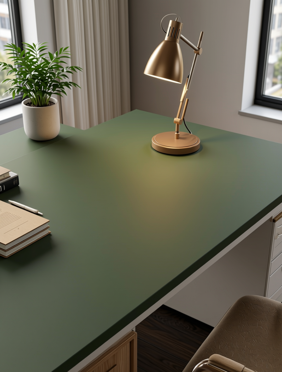 Soldier Green Plain Laminate 8x4 ft Matte 1 mm - 1037 SM — application view in a contemporary study
