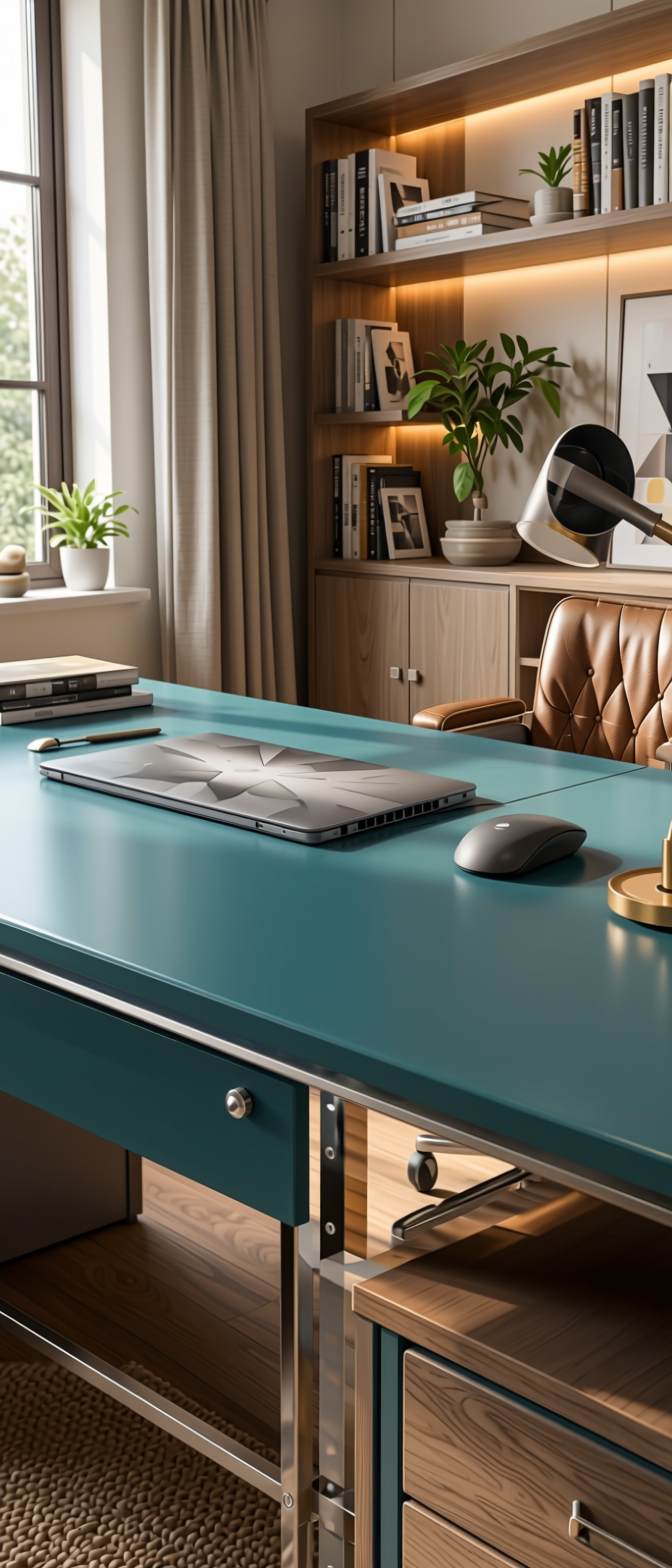 Steel Teal Plain Laminate 8x4 ft Satin 1 mm - 3012 FS — application view in a home office