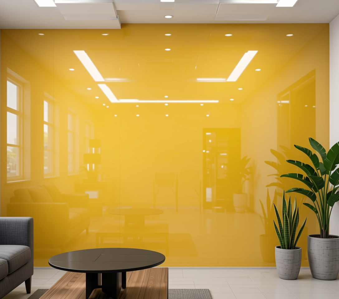Sunny Gold Plain Laminate 8x4 ft Glossy 0.8 mm - 194 GL — application view in a accent wall