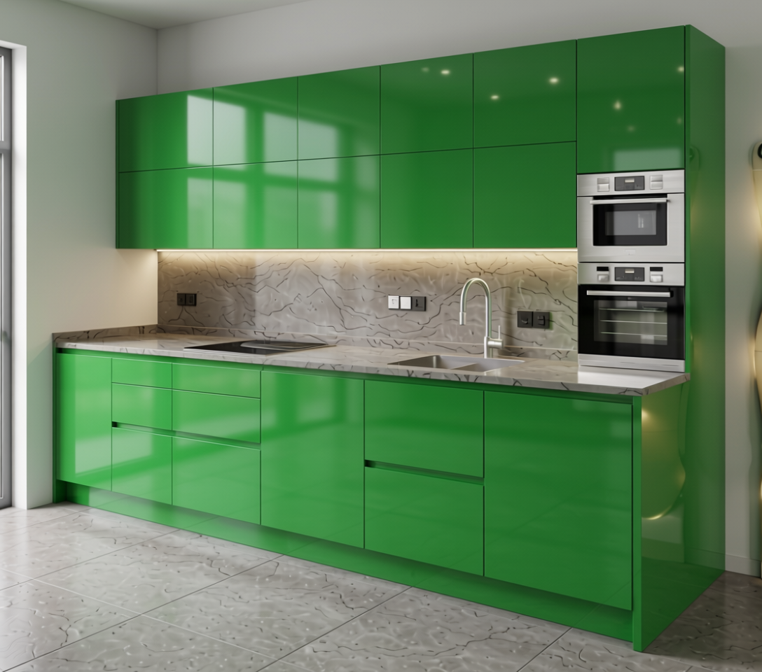 Swadeshi Green Plain Laminate 8x4 ft Glossy 0.8 mm - 195 GL — application view in a contemporary kitchen