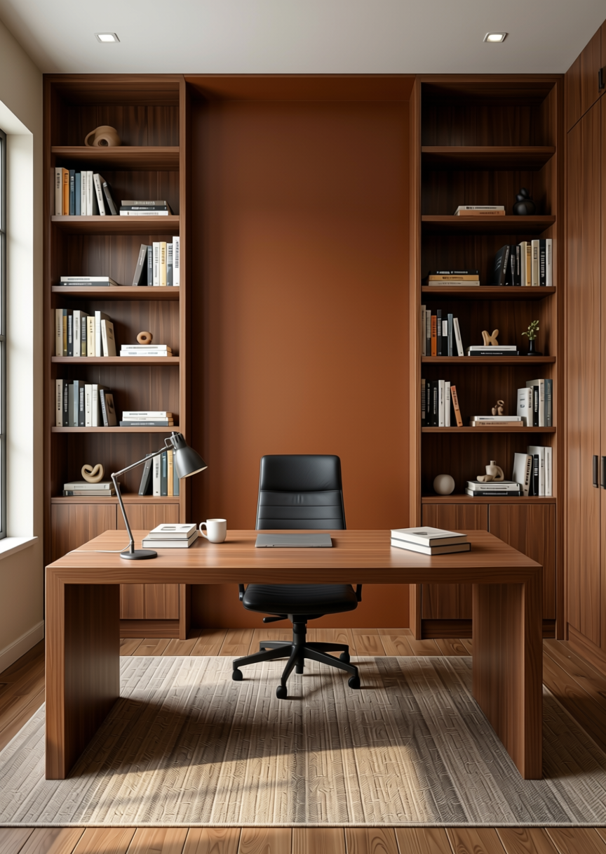 Stylam Syrup Brown Texture Laminate 4.25x10 ft - STY-SOL-1804 — application view in a study room
