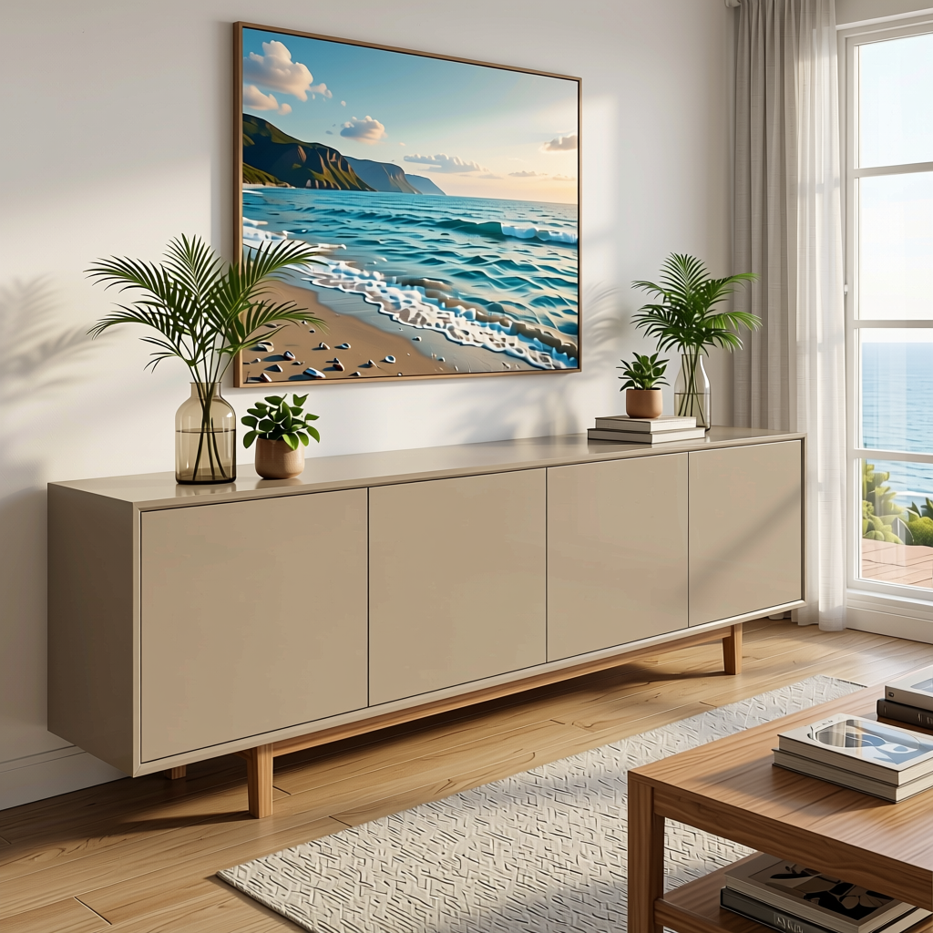 Tidal Sand Plain Laminate 8x4 ft High Gloss 1 mm - 1033 HG — application view in a coastal living room